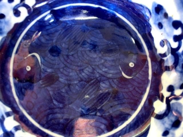 大鉢■伊万里染付花弁型鯉紋ベロ藍鉢 唐草古伊万里 蛇の目高台 時代物 骨董品■