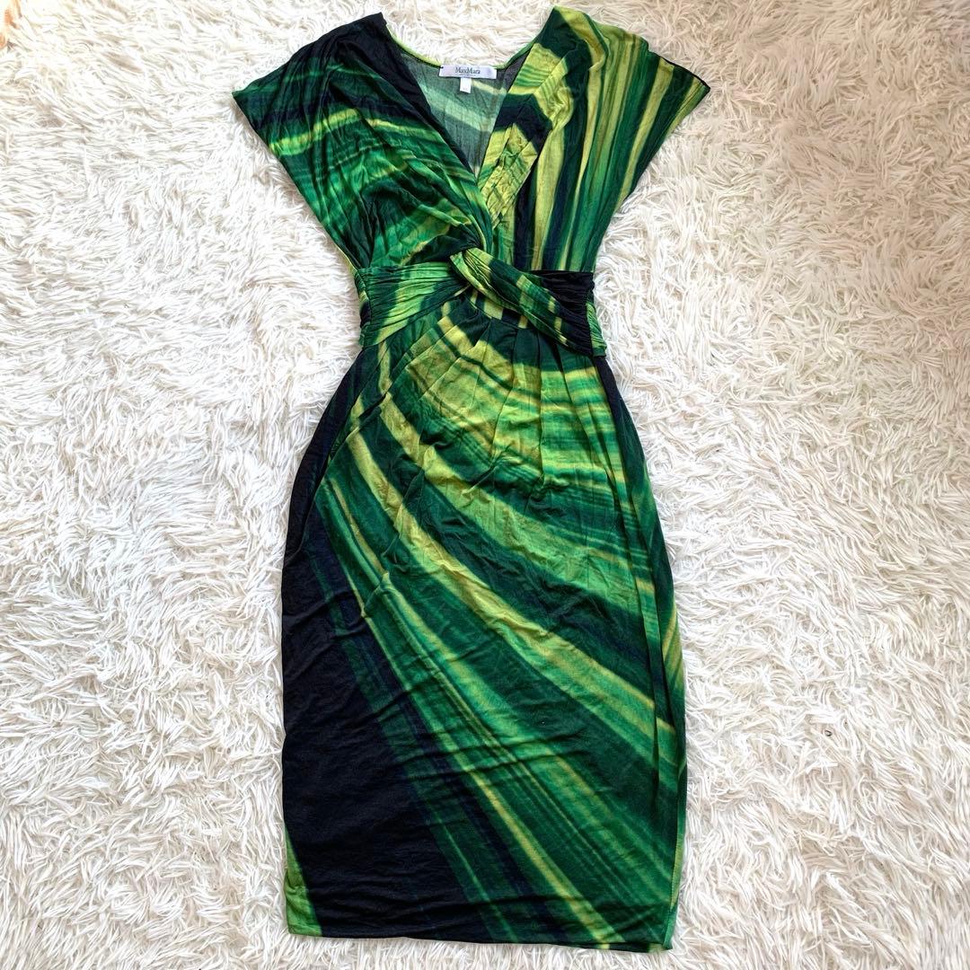 ★美品★MaxMara 緑黒ストライプ ラップドレス 半袖