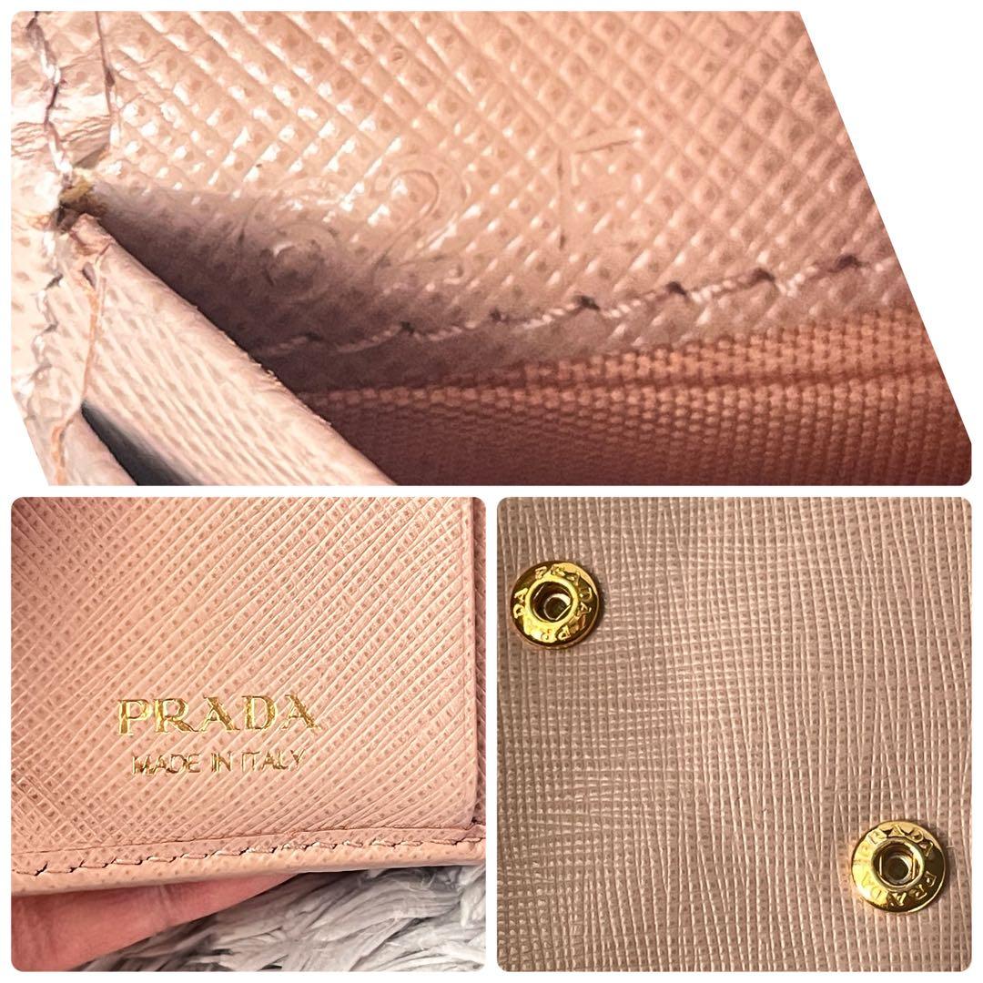 良品　PRADA 折り財布　ピンクベージュ　メタルロゴ　サフィアーノ　レディース