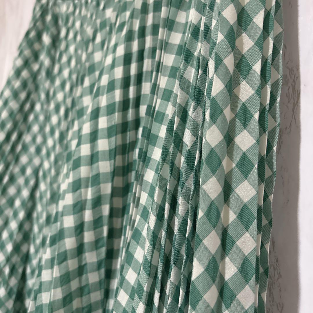 セブンテンバイミホカワヒト　ロングスカート　マキシ　チェック　ゴム　グリーン