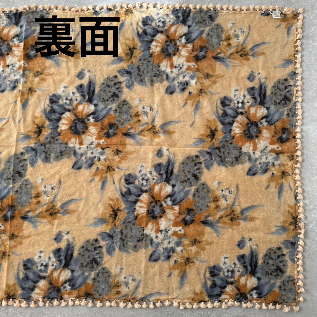 美品 CITRUS シトラス 大判 ウール ストール 花柄 フリンジ ポンポン