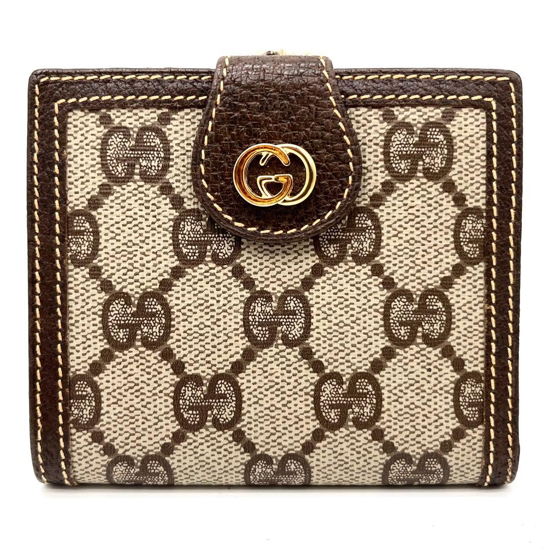 【美品】GUCCI 二つ折り財布　がま口　GG柄　PVC レザー　ブラウン
