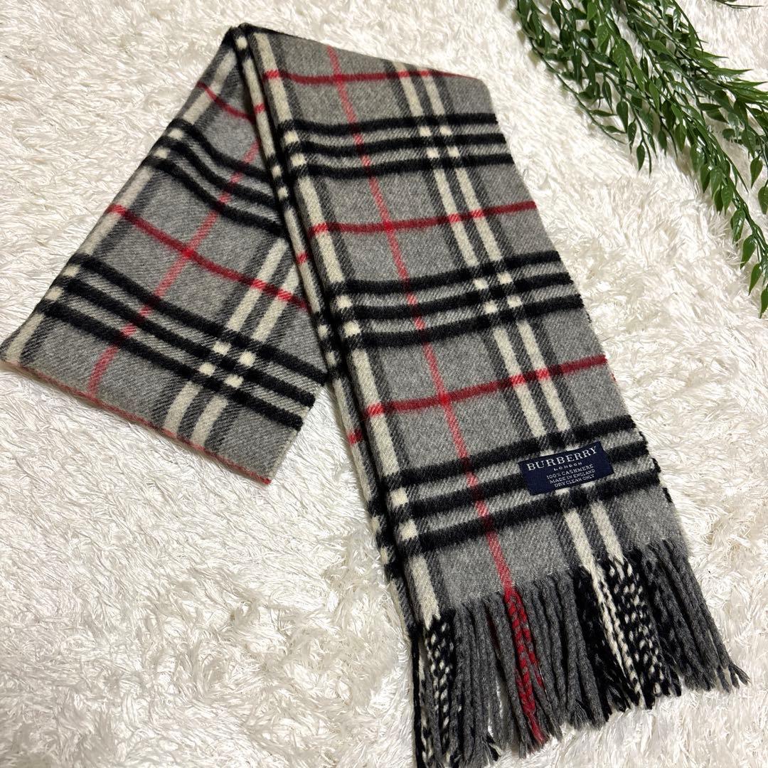 美品 BURBERRY マフラー カシミヤ100グレー ノバチェック 英国製