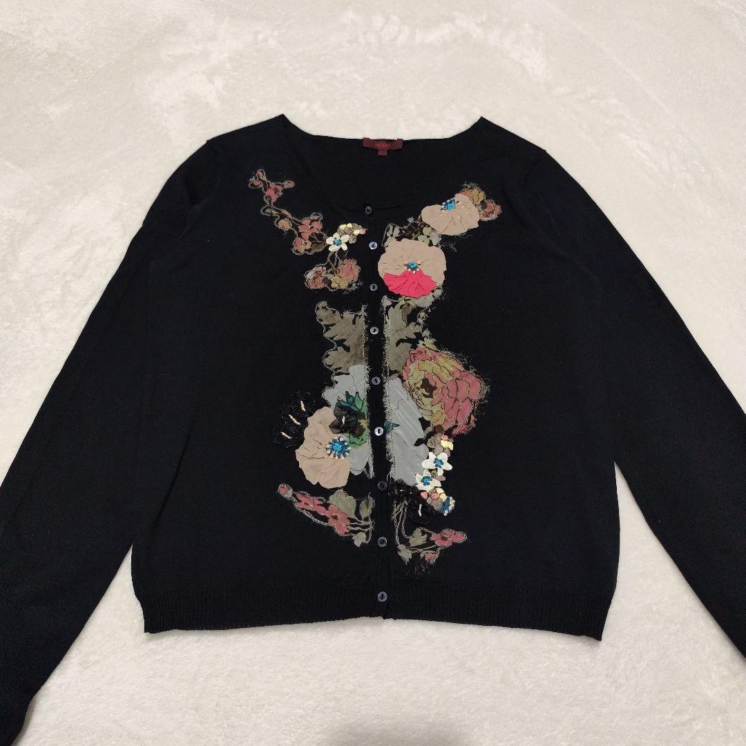 KENZO コットンカーディガン シルクフラワー装飾 ブラック L