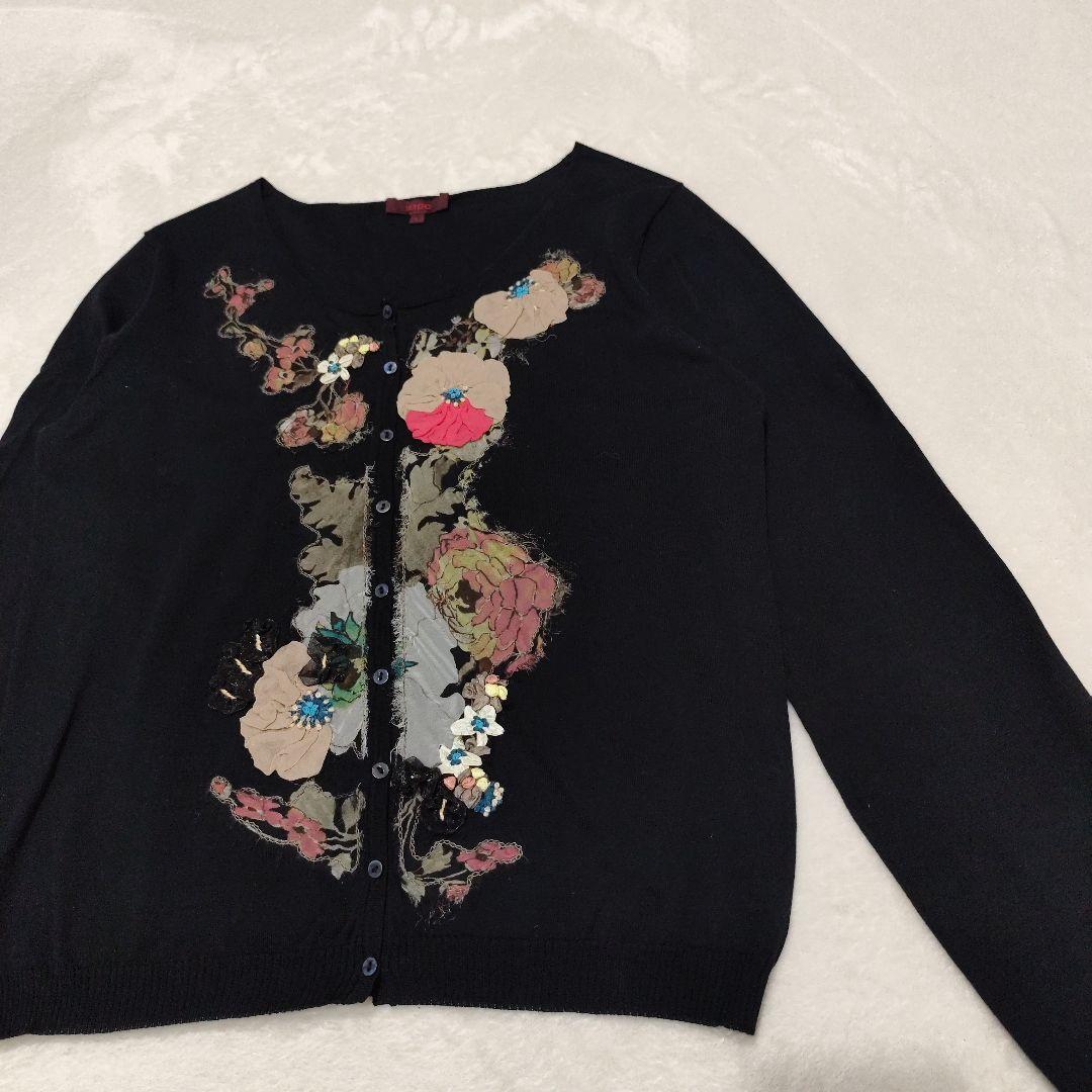 KENZO コットンカーディガン シルクフラワー装飾 ブラック L