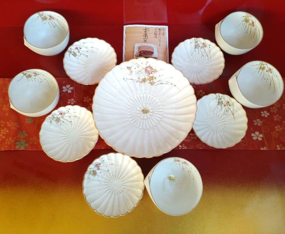 新品　京焼清水焼　雲楽窯　斎藤雲楽　菊割大皿小皿　綴じ目小鉢　11点