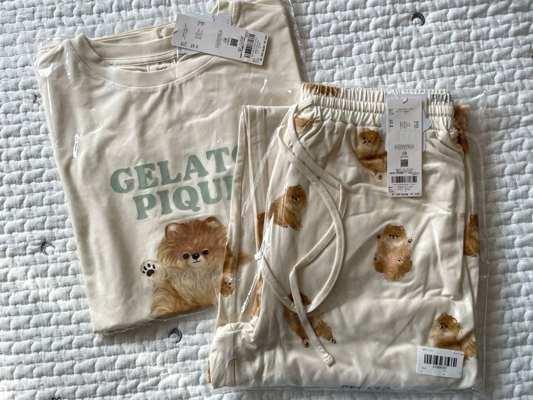 【新品】ジェラートピケ　ポメラニアンワンポイントTシャツ&総柄ロングパンツ