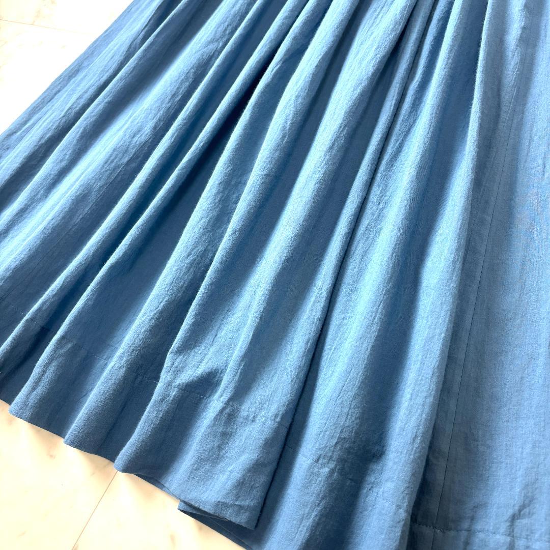 北欧、暮らしの道具店 ギャザースカート ロング丈 ブルー コットン ウエストゴム