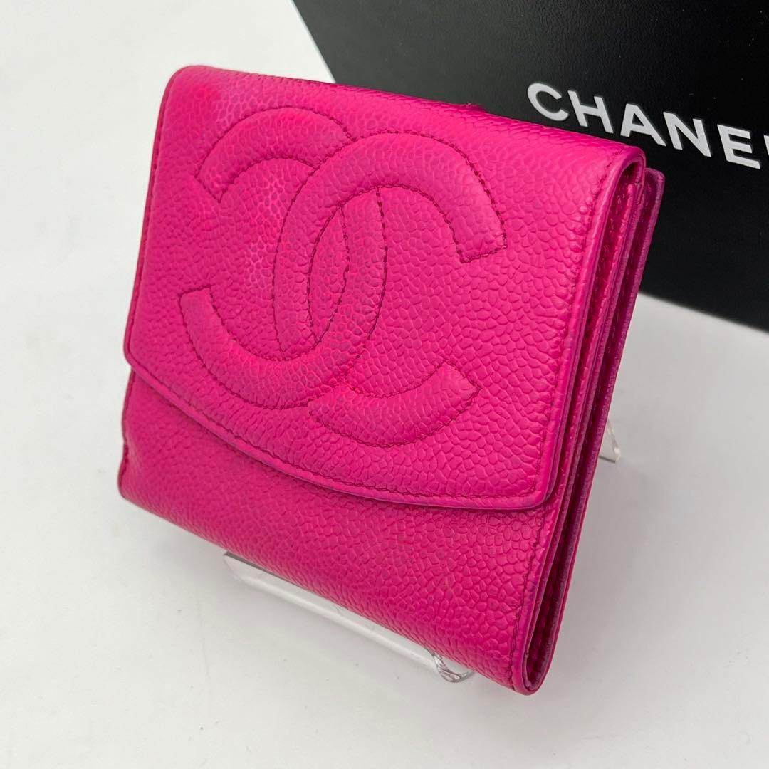 CHANEL 二つ折り財布 デカココマーク キャビアスキン ピンク Wホック
