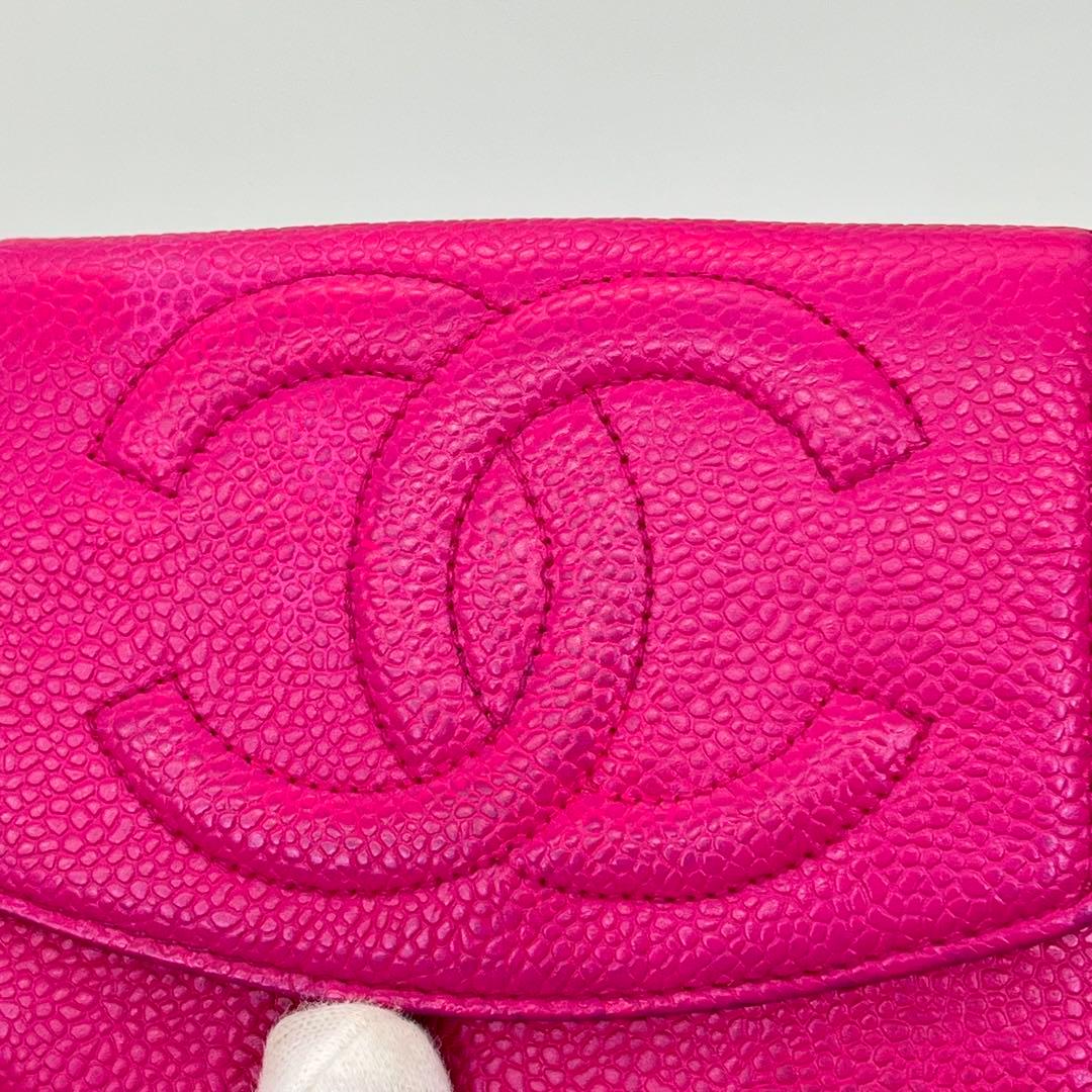 CHANEL 二つ折り財布 デカココマーク キャビアスキン ピンク Wホック