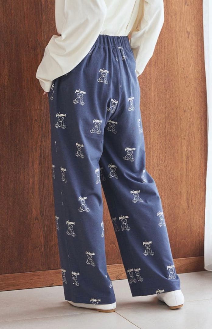 ジェラートピケ 【UNISEX】総柄ロングパンツM-L ネイビー　新品タグ付
