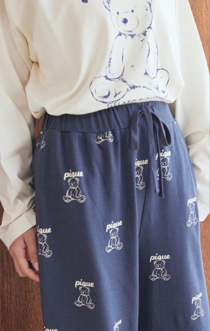 ジェラートピケ 【UNISEX】総柄ロングパンツM-L ネイビー　新品タグ付