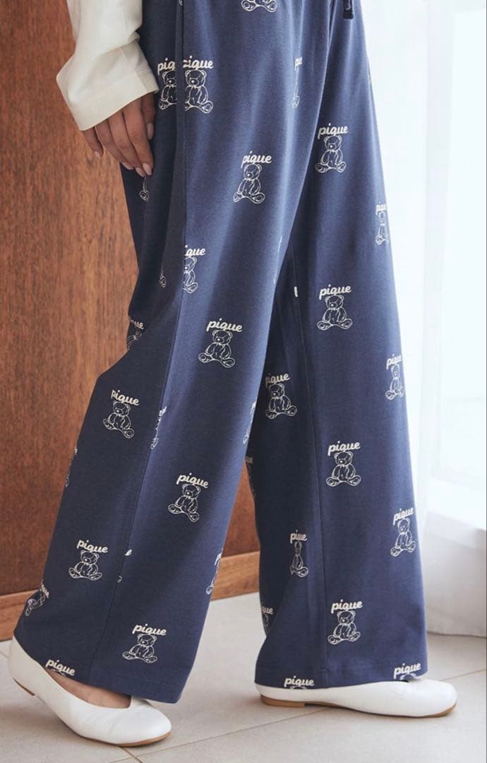 ジェラートピケ 【UNISEX】総柄ロングパンツM-L ネイビー　新品タグ付