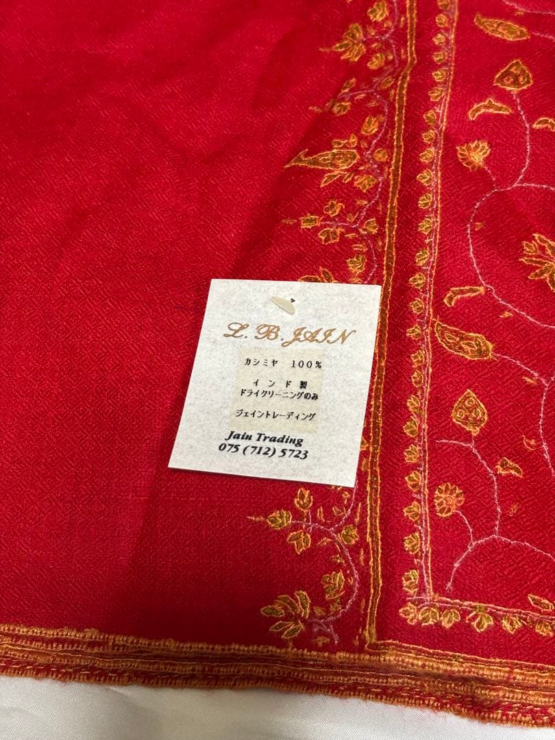 L.B. JAIN 赤色刺繍カシミア100%ストールパシュミナ☆新品美品☆