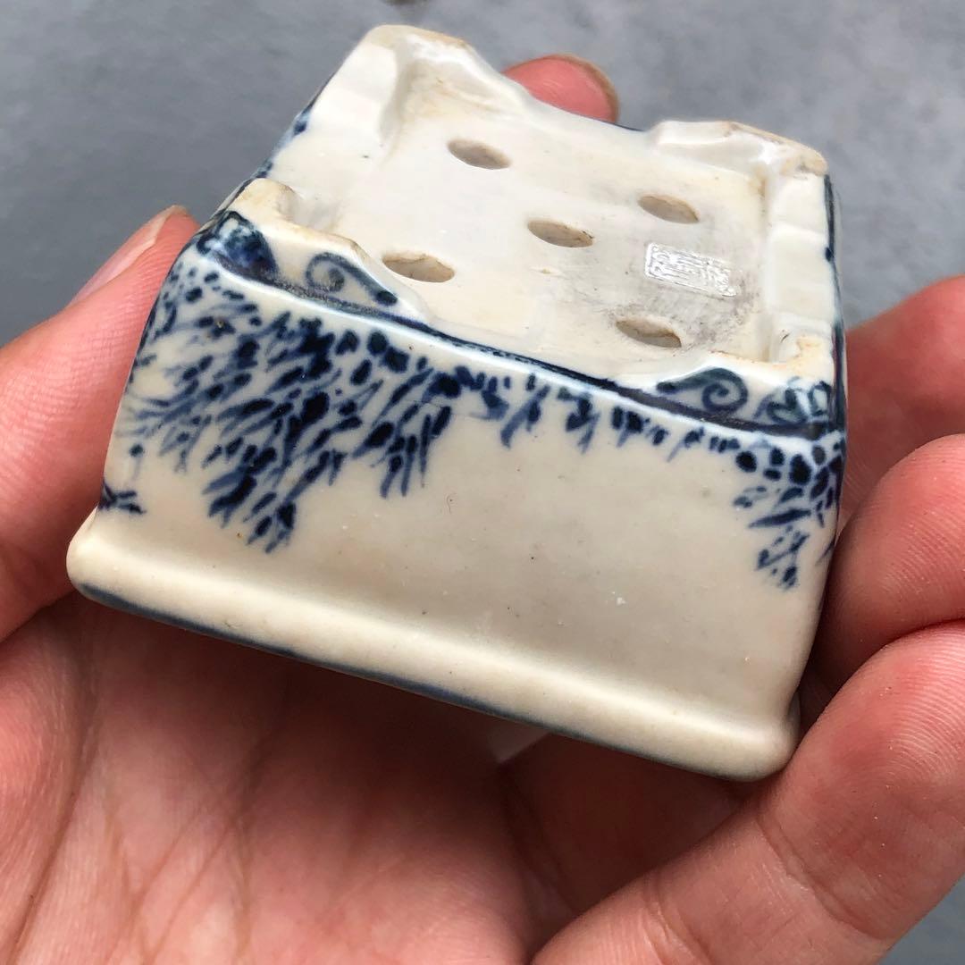 420.英仙造 染付段足長方 盆栽鉢 6.6*5.3*3cm
