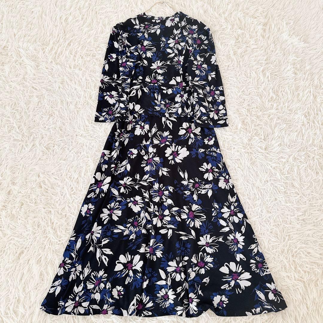 美品 11号✨近年 kayme ケイミー 花柄 カシュクールワンピース ネイビー
