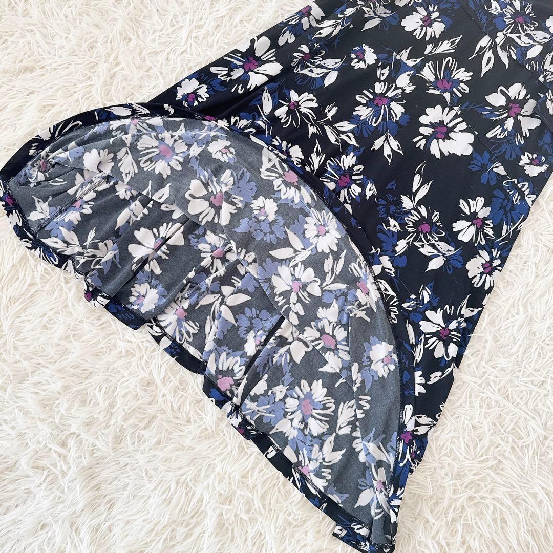 美品 11号✨近年 kayme ケイミー 花柄 カシュクールワンピース ネイビー