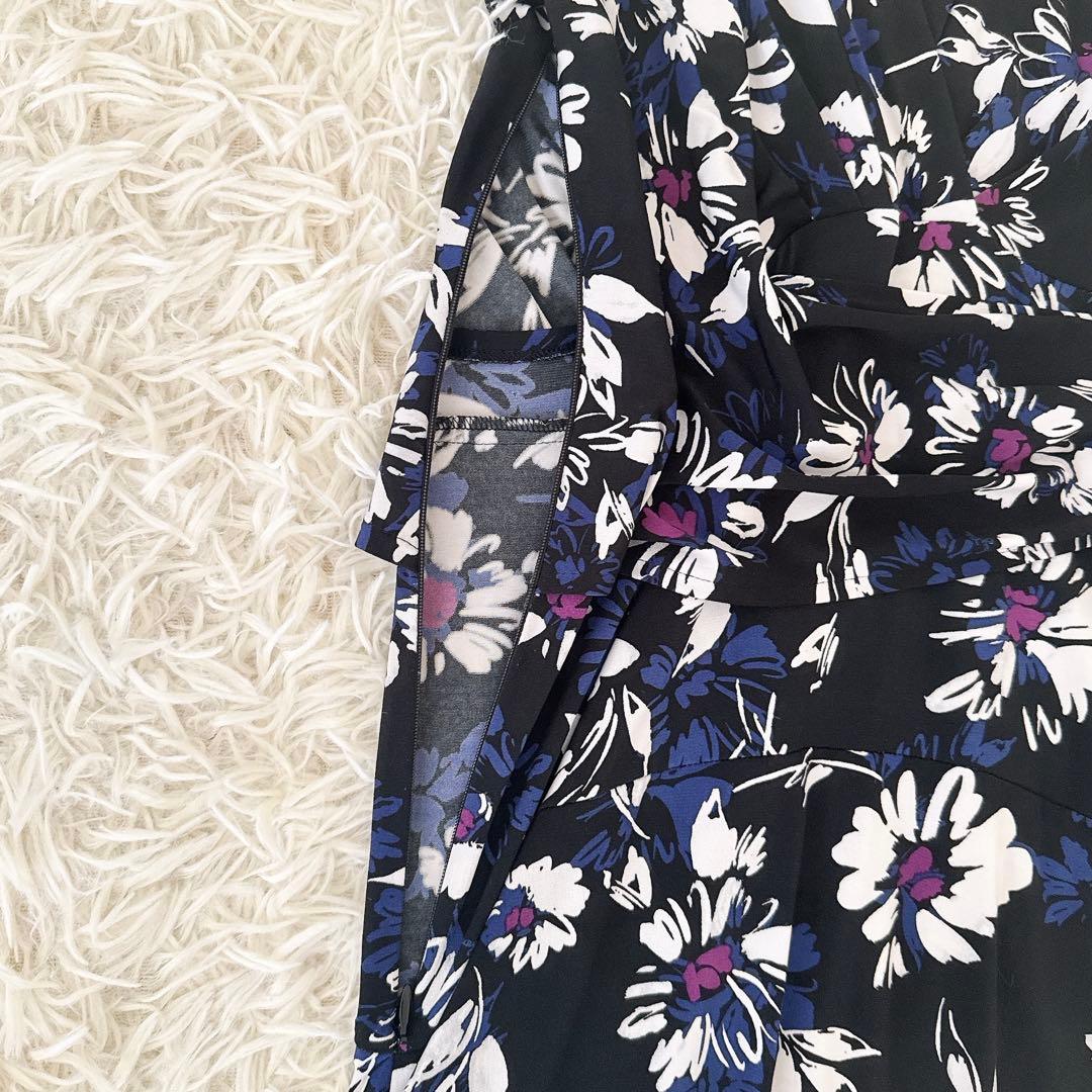 美品 11号✨近年 kayme ケイミー 花柄 カシュクールワンピース ネイビー