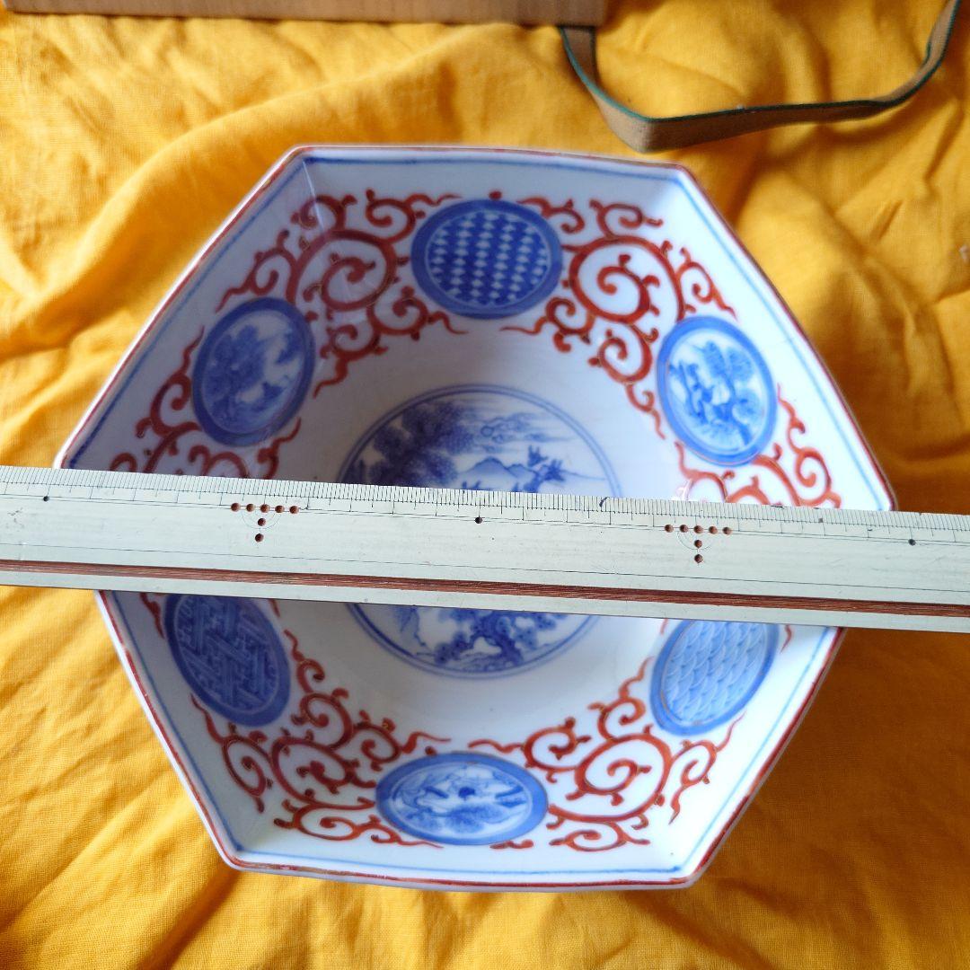 中国　南京焼　景徳窯　染付六角鉢　箱つき