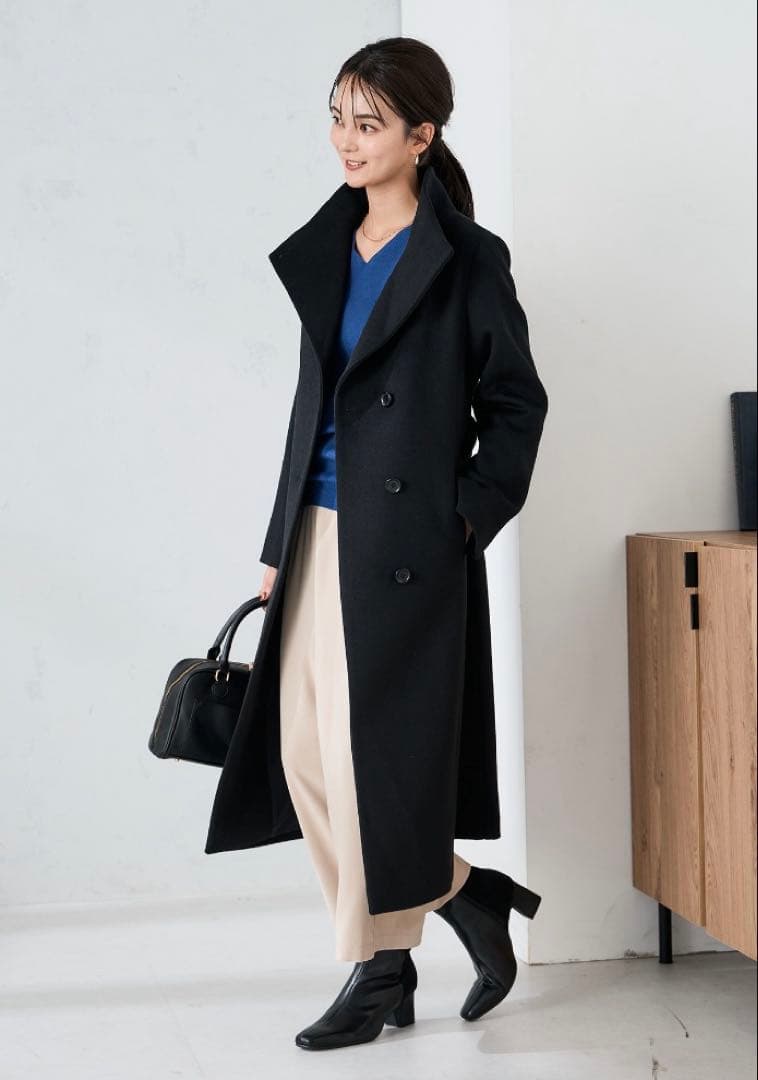 a.v.v 2way折り返しラペルグロングコートカシミヤ混 ブラック XL