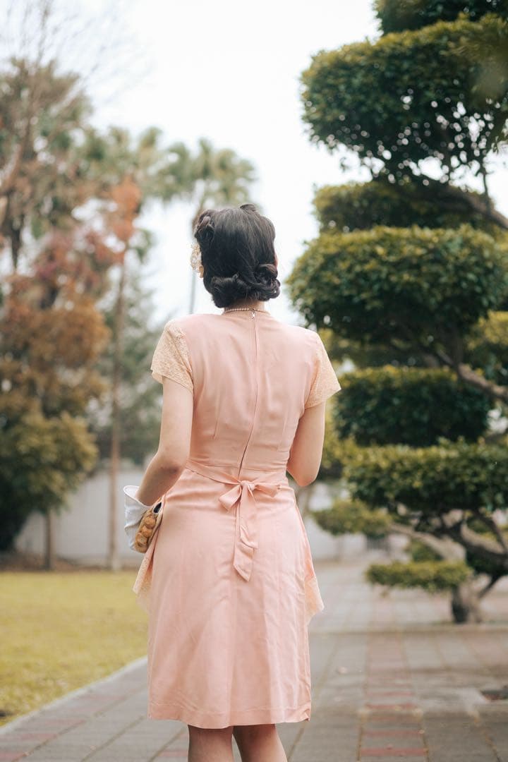 40s Vintage ピンク ひざ丈ぺプラムワンピース