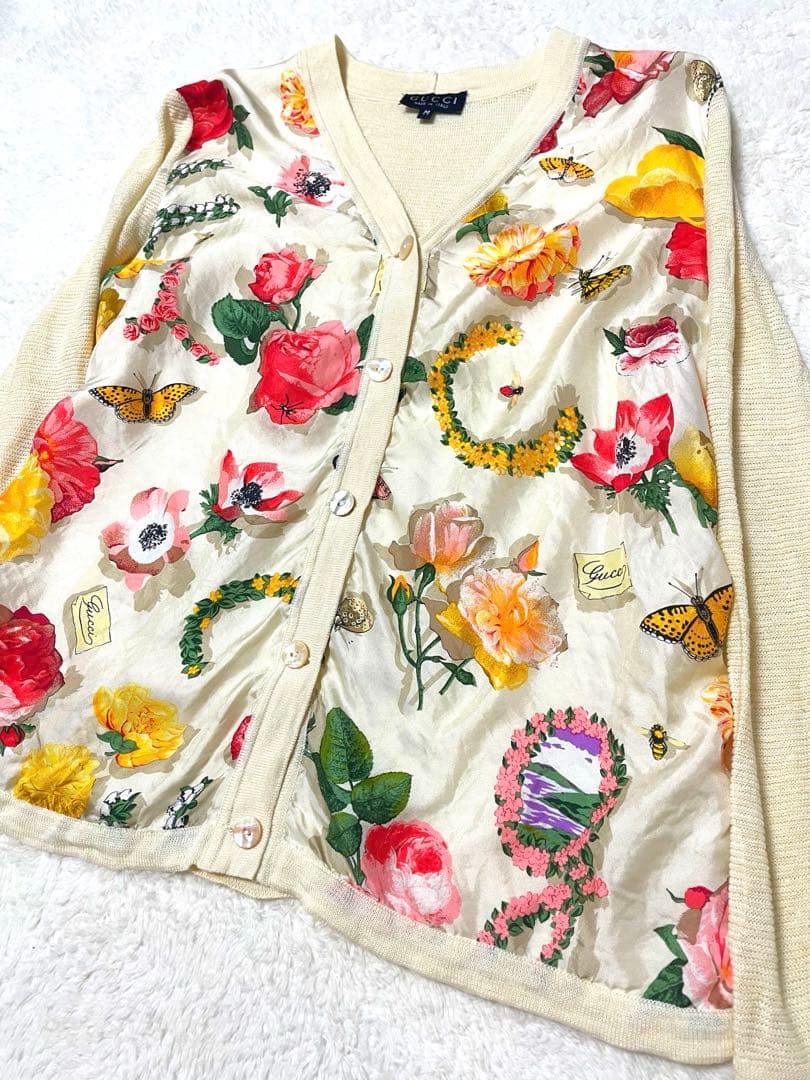 Gucci グッチ　花柄カーディガン 長袖　シルク　フラワー　ビー　ロゴ
