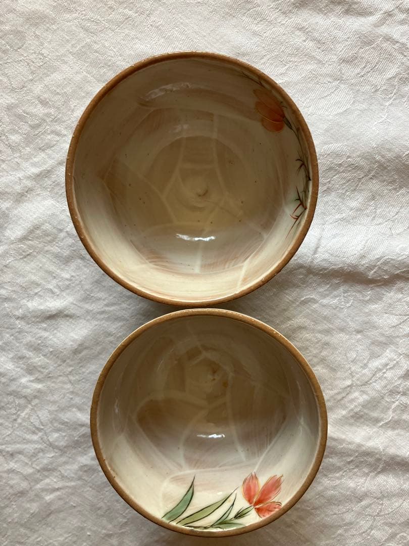 京都陶葊の手描き花柄の陶器茶碗2個セット