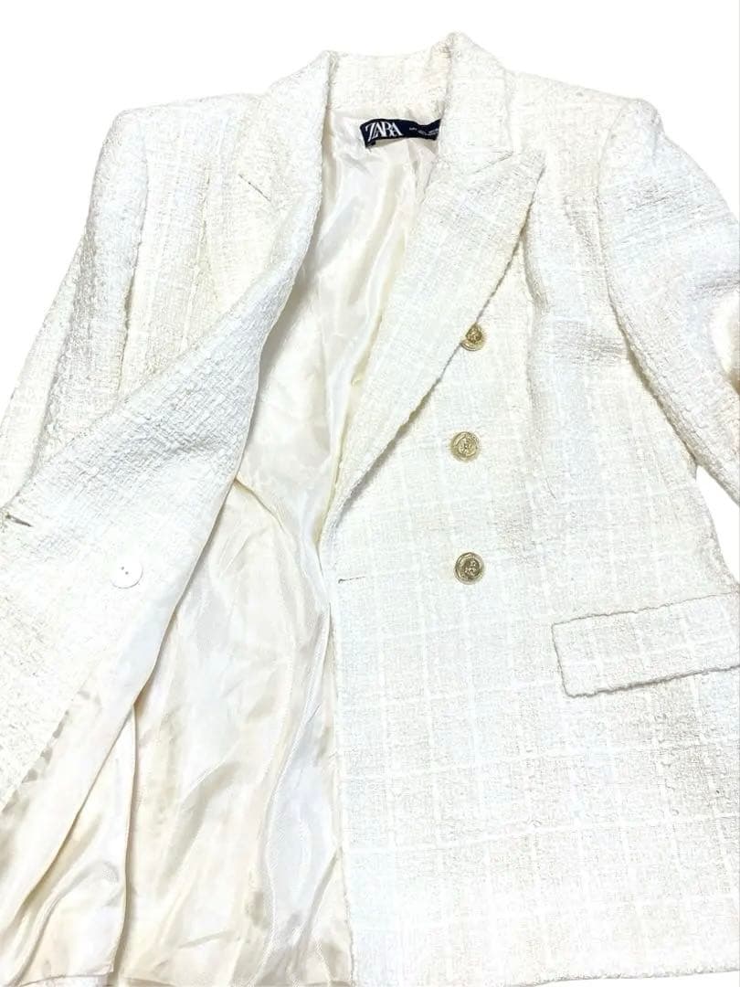ZARA テクスチャーダブルブレストブレザー ツイード ジャケット 金ボタン 白