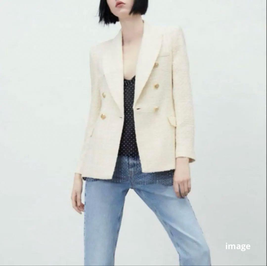 ZARA テクスチャーダブルブレストブレザー ツイード ジャケット 金ボタン 白