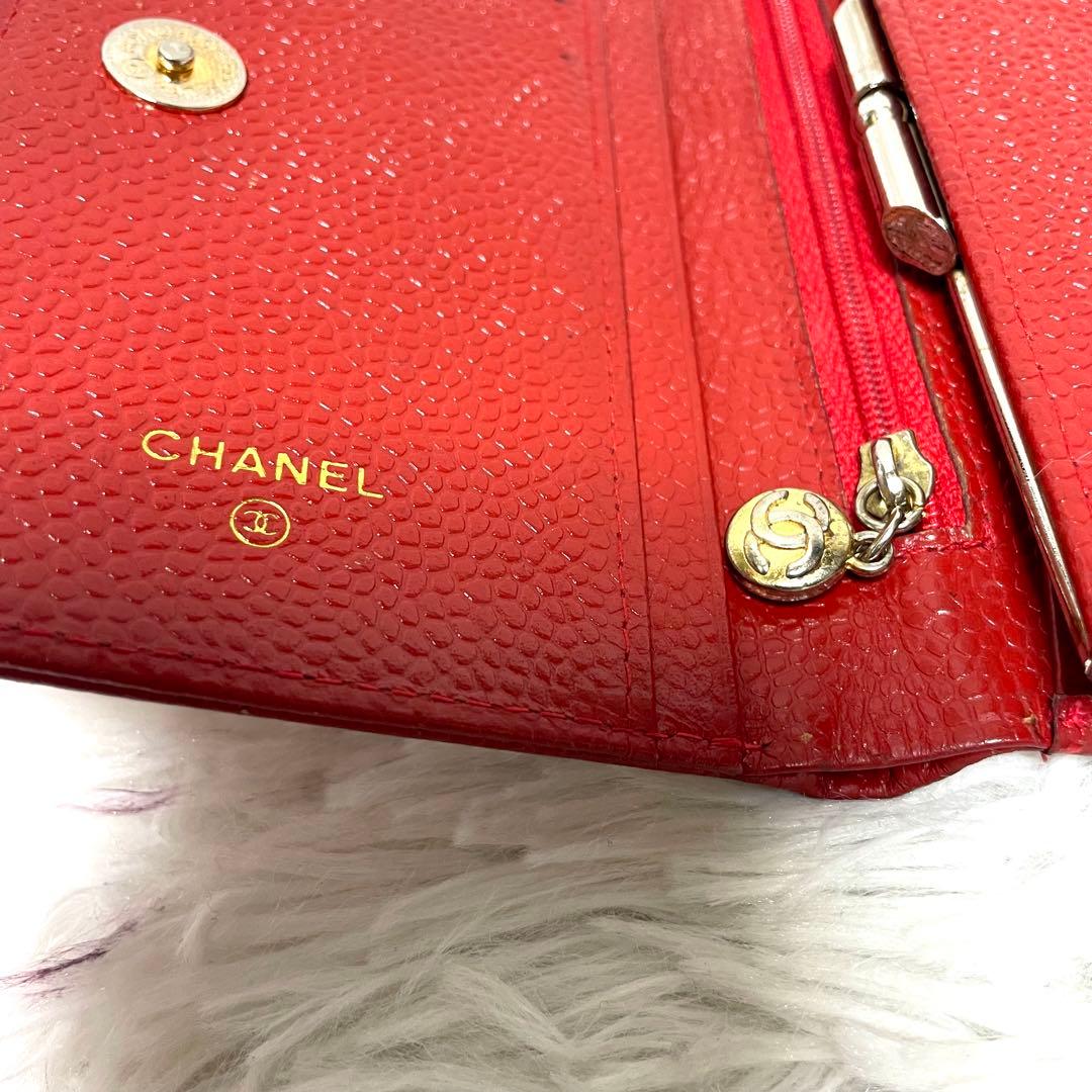 【美品】シャネル 二つ折り財布 がま口 ココマーク キャビアスキン ゴールド金具