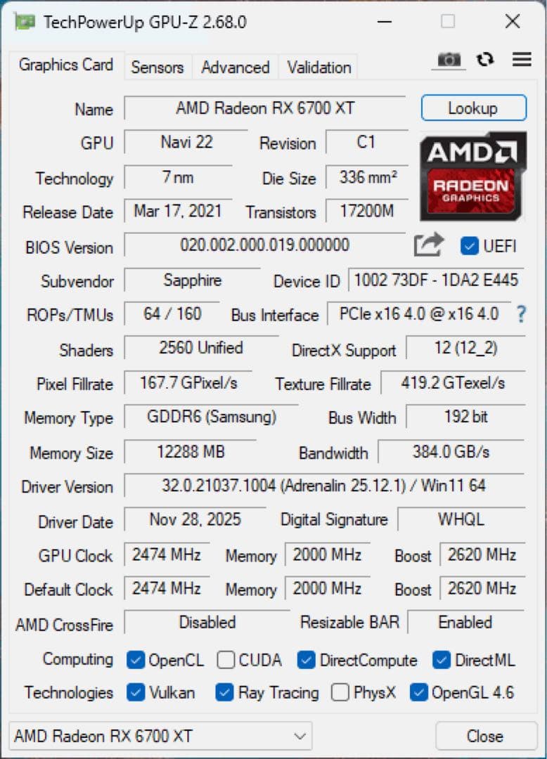 グラフィックボード・グラボ・ビデオカード Radeon Sapphire pulse RX6700XT 12GB