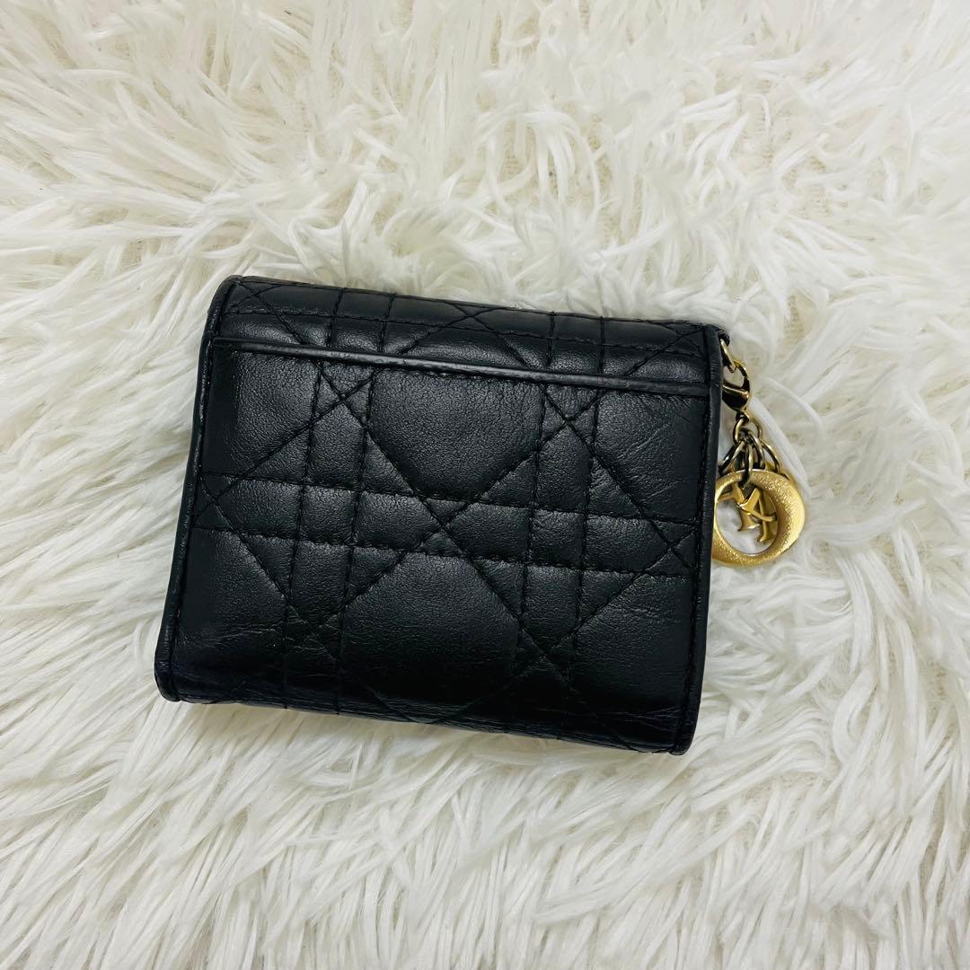DIOR✨三つ折り財布 カナージュ ロータス レザー ブラック チャーム