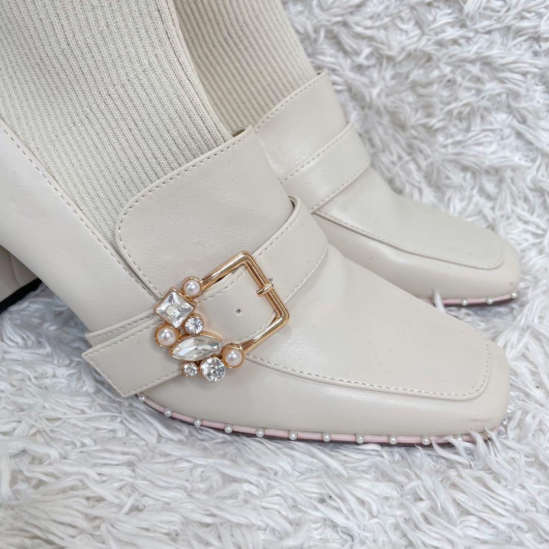 RANDA✨️ランダ ニットドッキングブーツ　ローファー　ビジュ　パール　M