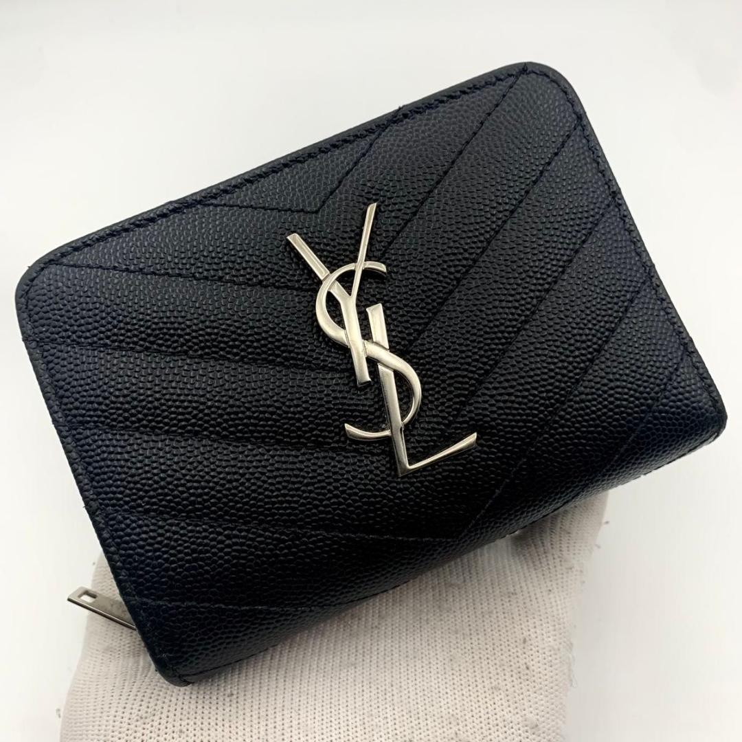 鑑定済み 美品 サンローラン 財布 カサンドラ YSL コンパクト 二つ折り 黒