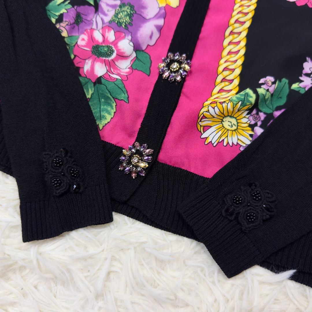 【訳あり美品】Super Beauty 花柄 ビジュー 刺繍 カーディガン 黒