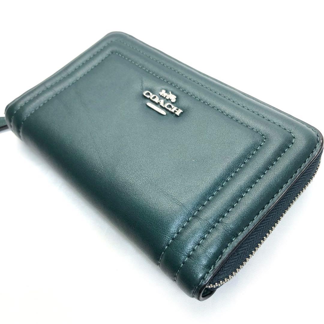 美品✨　COACH コーチ　財布　ラウンドファスナー　グリーン　シルバー