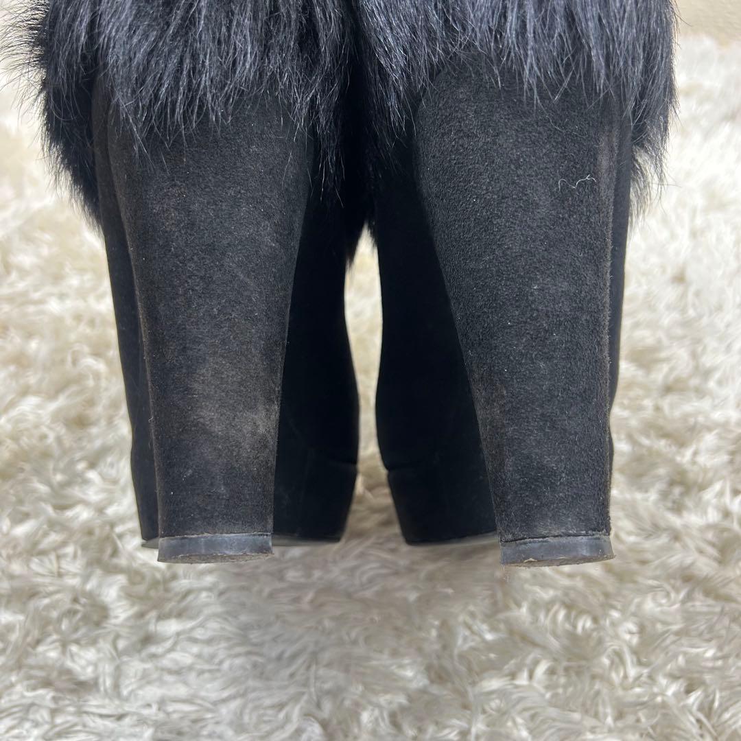 PRADA オープントゥウェッジソールファーブーツ 黒 24cm スエードレザー