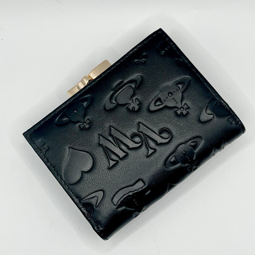 Vivienne Westwood がま口 定番マット 折財布 黒 型押し 金