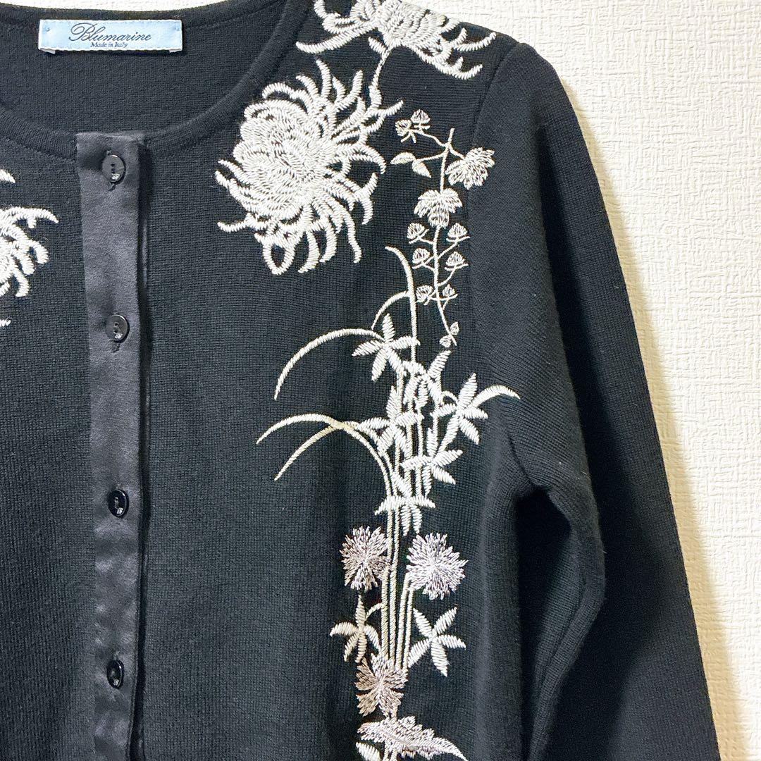 Blumarine ブルマリン カーディガン 花 刺繍 ブラック ウール シルク