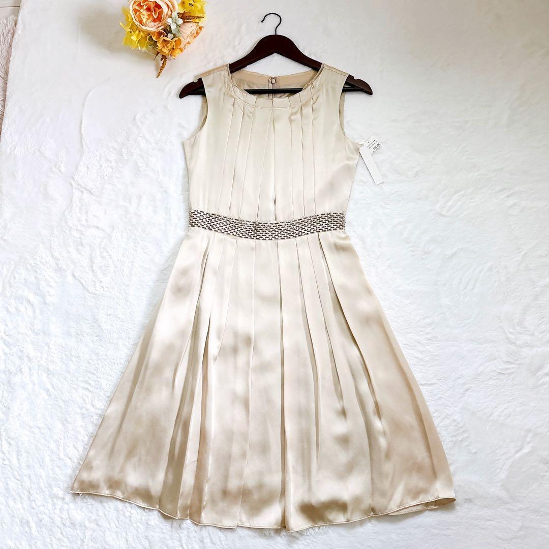 新品 ANAYI シルク100% タック フレアワンピース ビーズ装飾 ベージュ