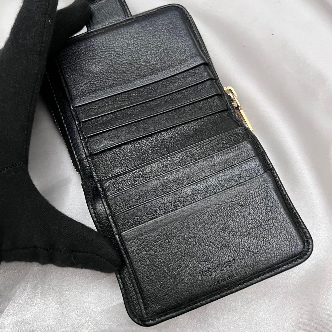 ◇箱付き極美品◇イヴサンローラン　カサンドラ刺繍　二つ折り財布　ブラック