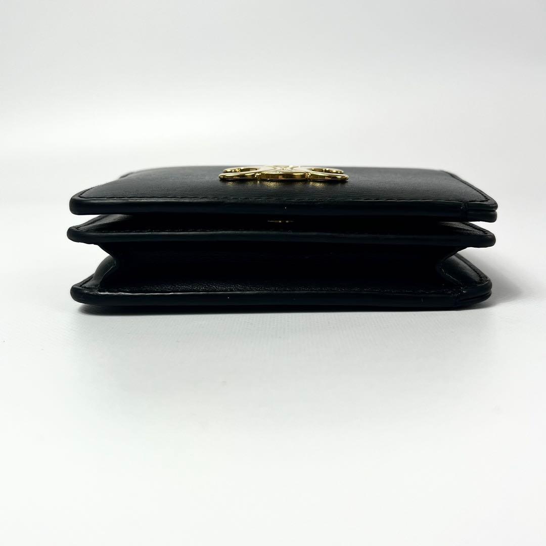 希少 鑑定✨セリーヌ ２つ折り財布 トリオンフ ロゴ金具 レザー ブラック 黒