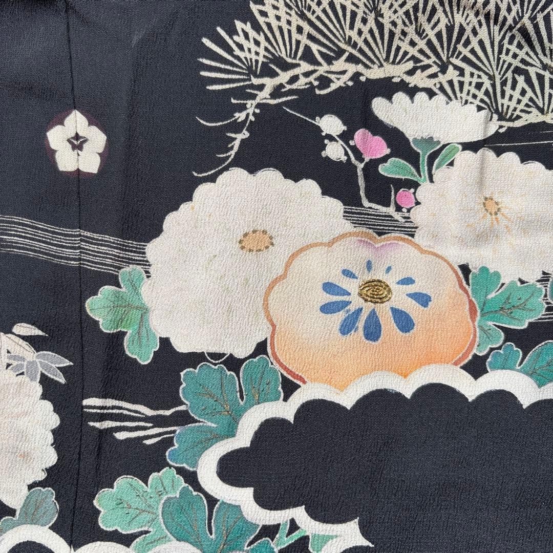 アンティーク振袖華やか貝合わせ扇面牡丹・菊　金コマ・刺繍 正絹材料