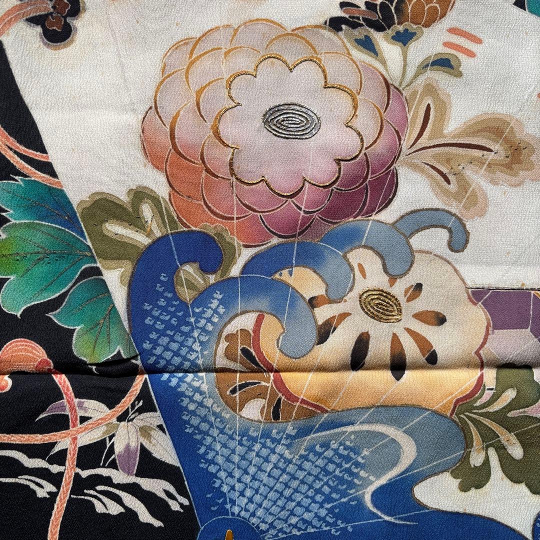 アンティーク振袖華やか貝合わせ扇面牡丹・菊　金コマ・刺繍 正絹材料