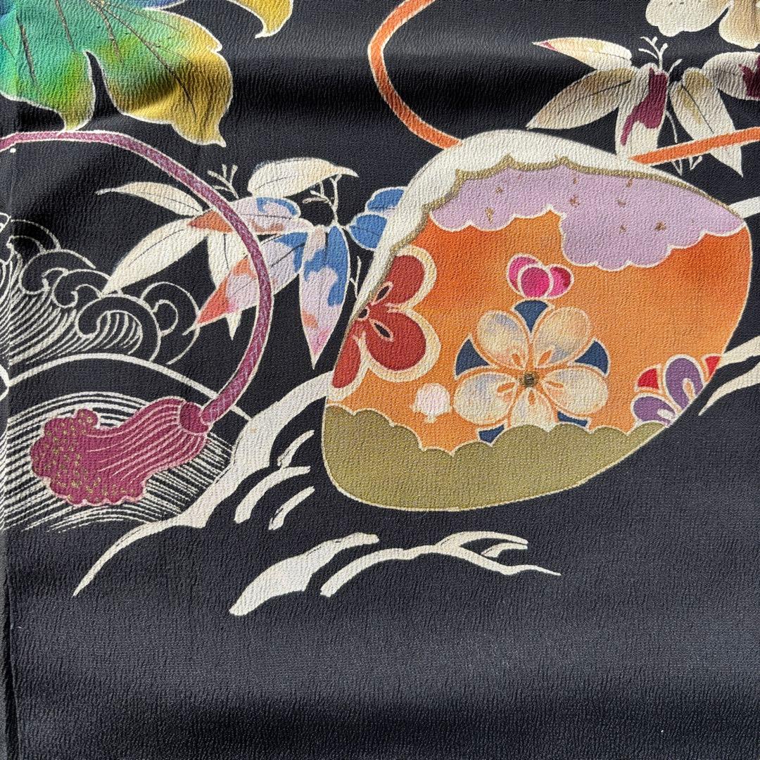 アンティーク振袖華やか貝合わせ扇面牡丹・菊　金コマ・刺繍 正絹材料