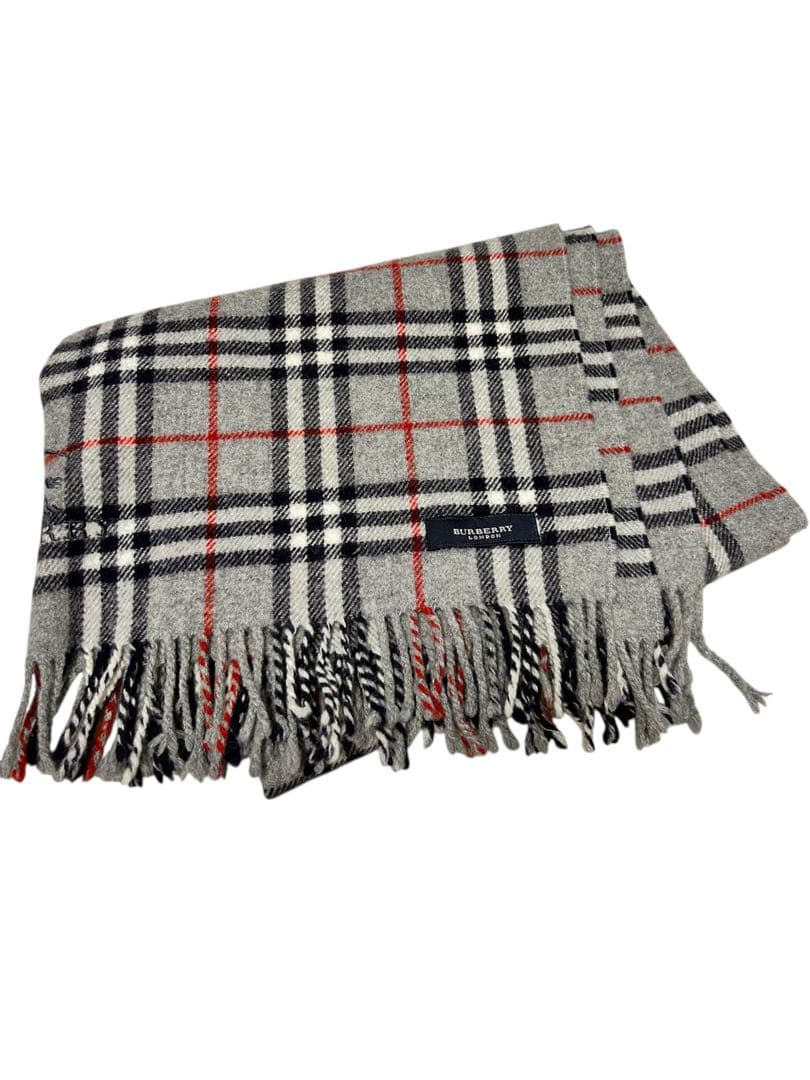 BURBERRY LONDON チェック柄 マフラー グレー 刺繍ロゴ フリンジ