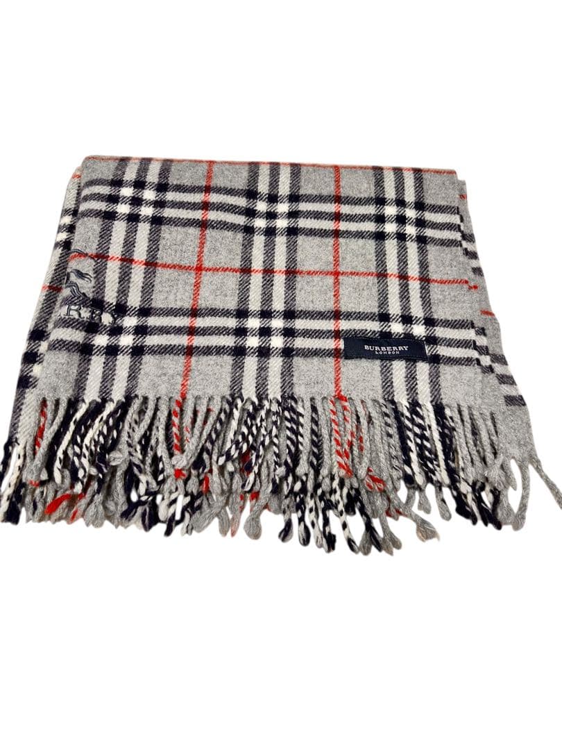 BURBERRY LONDON チェック柄 マフラー グレー 刺繍ロゴ フリンジ