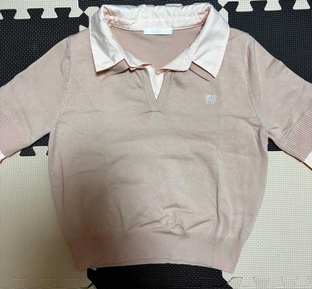 【web限定】chico 刺繍入り襟付きポロニット　ピンク