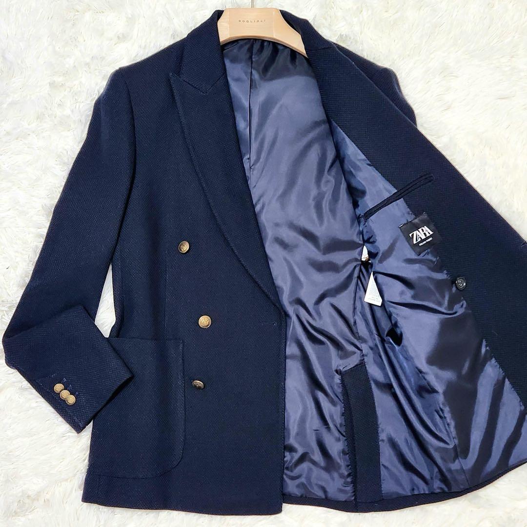ZARA ザラ ダブル ブレザー 紺ブレ 銀ボタン リネン ブレンド 春夏