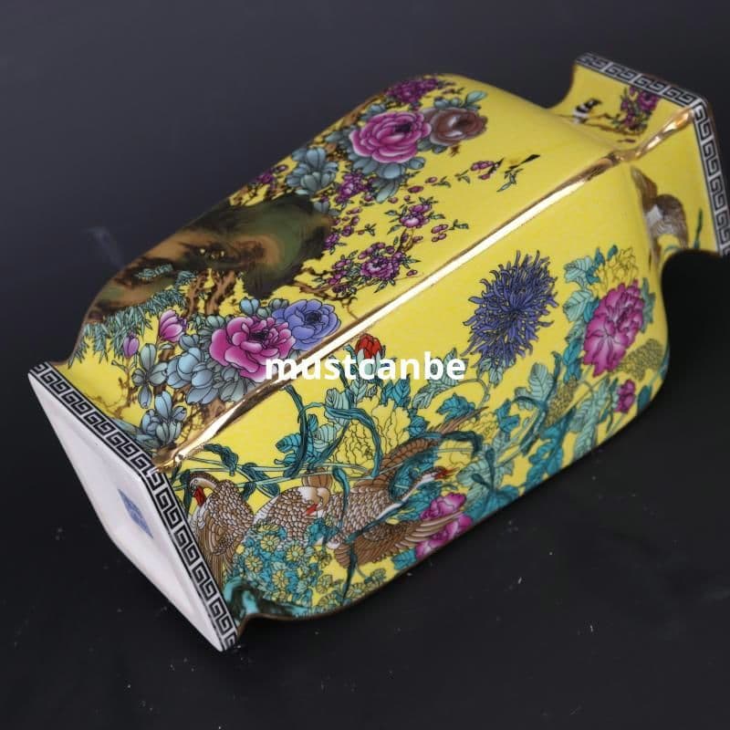 清乾隆蒔金琺瑯彩花鳥紋黄四方賞瓶 景徳鎮 陶磁器 装飾品 現代工芸品美術品 置物